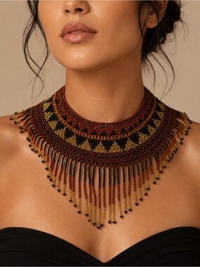 Handmade Beaded Fringe Statement Choker Necklace - Black, Gold, Brown